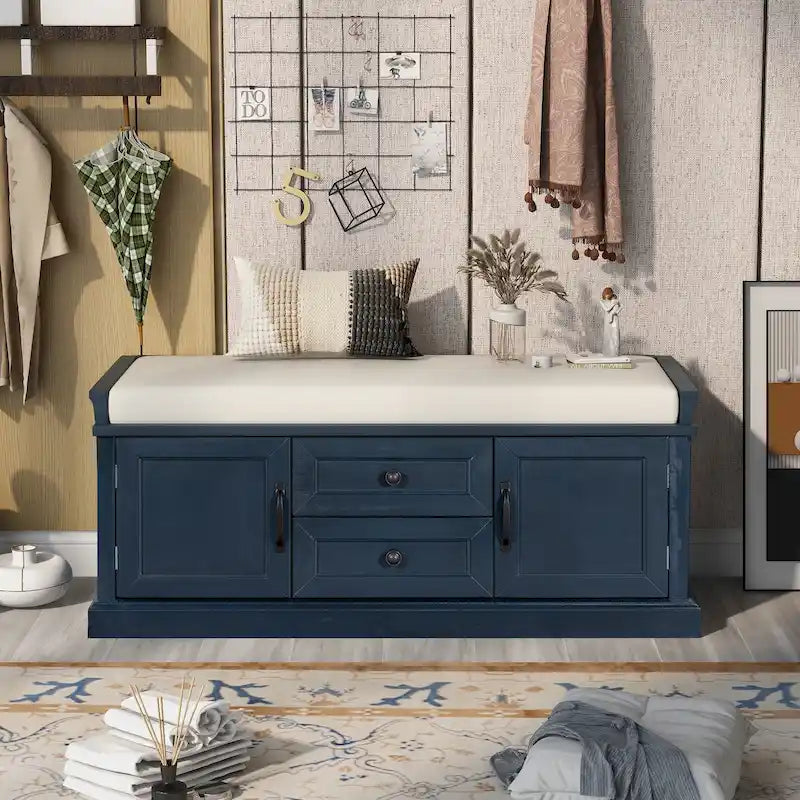 Storage Bench with Cushioned Seat, 2 Drawers & 2 Cabinet Doors