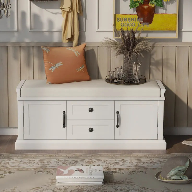 Storage Bench with Cushioned Seat, 2 Drawers & 2 Cabinet Doors
