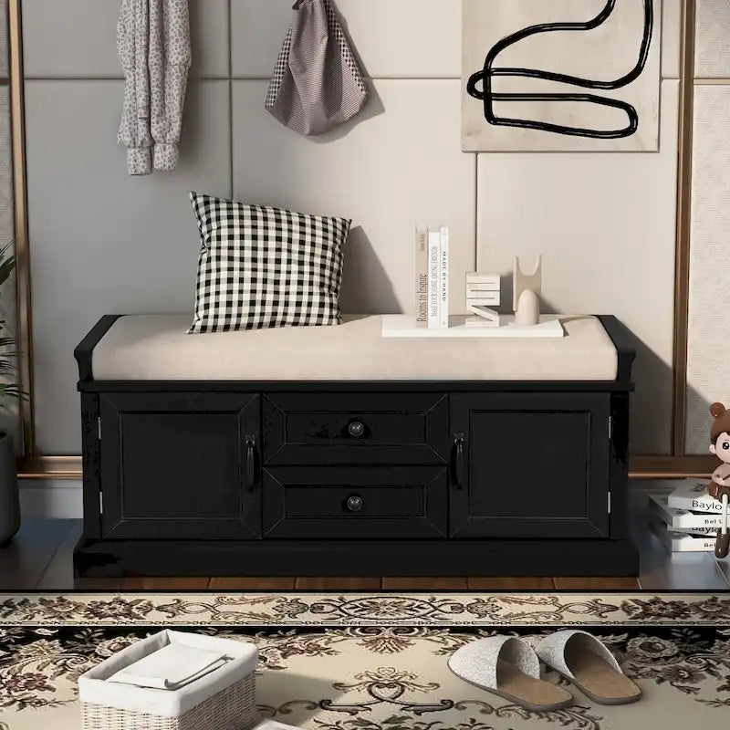 Storage Bench with Cushioned Seat, 2 Drawers & 2 Cabinet Doors