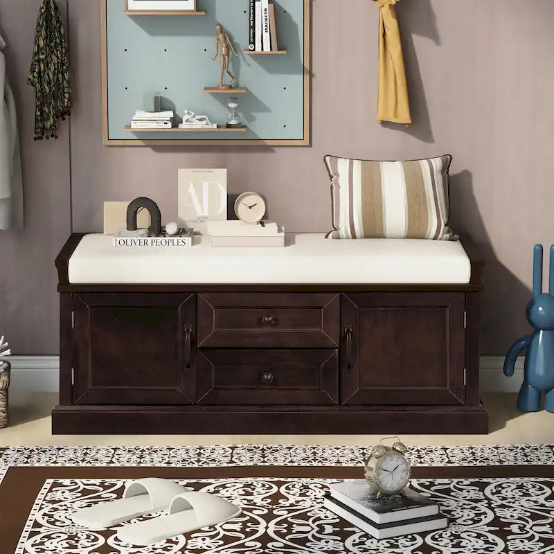 Storage Bench with Cushioned Seat, 2 Drawers & 2 Cabinet Doors