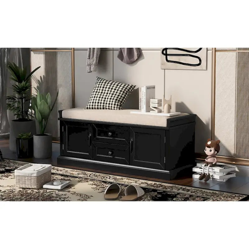 Storage Bench with Cushioned Seat, 2 Drawers & 2 Cabinet Doors