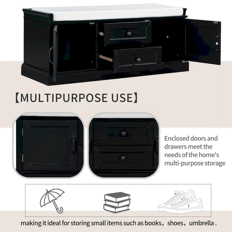Storage Bench with Cushioned Seat, 2 Drawers & 2 Cabinet Doors