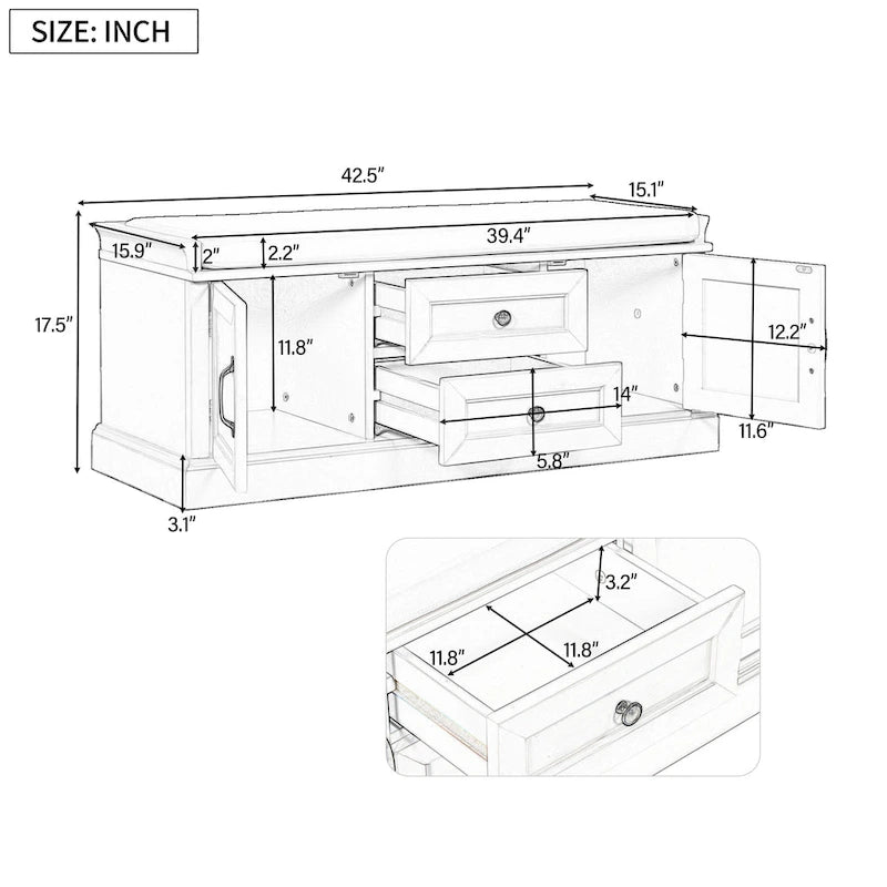 Storage Bench with Cushioned Seat, 2 Drawers & 2 Cabinet Doors