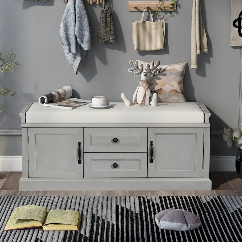 Storage Bench with Cushioned Seat, 2 Drawers & 2 Cabinet Doors