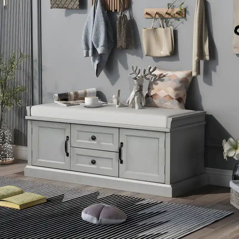 Storage Bench with Cushioned Seat, 2 Drawers & 2 Cabinet Doors