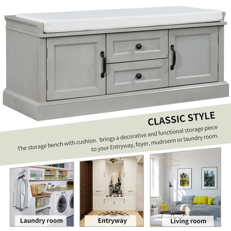 Storage Bench with Cushioned Seat, 2 Drawers & 2 Cabinet Doors
