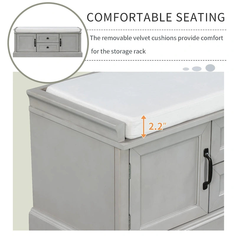 Storage Bench with Cushioned Seat, 2 Drawers & 2 Cabinet Doors