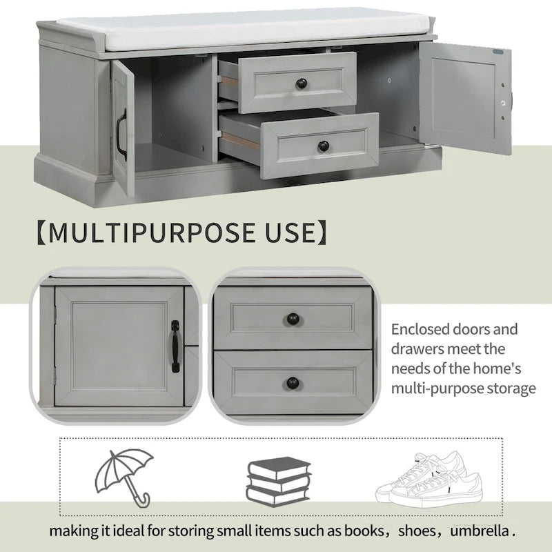Storage Bench with Cushioned Seat, 2 Drawers & 2 Cabinet Doors