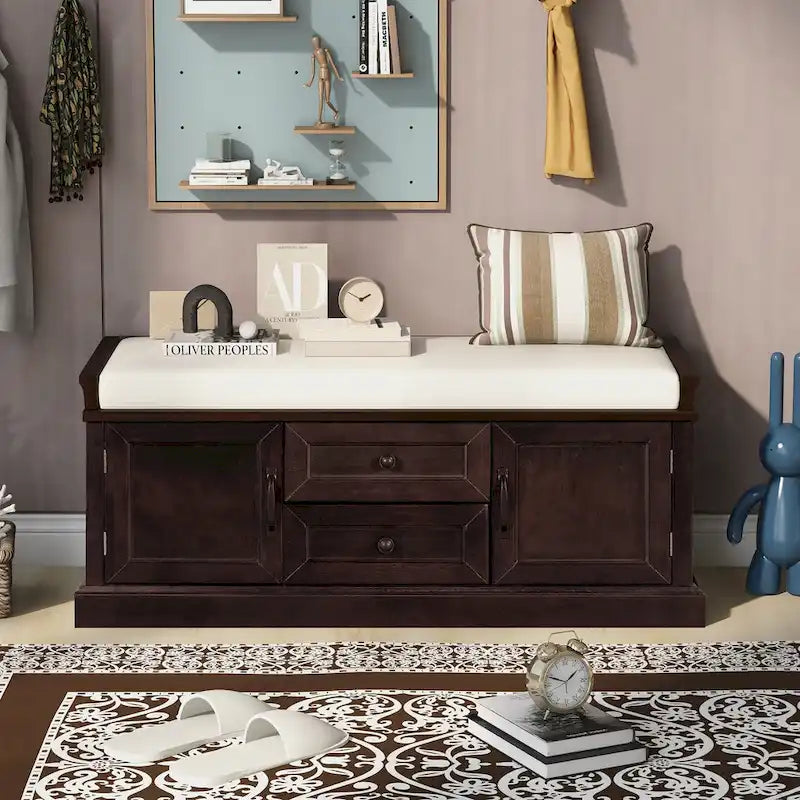 Storage Bench with Cushioned Seat, 2 Drawers & 2 Cabinet Doors