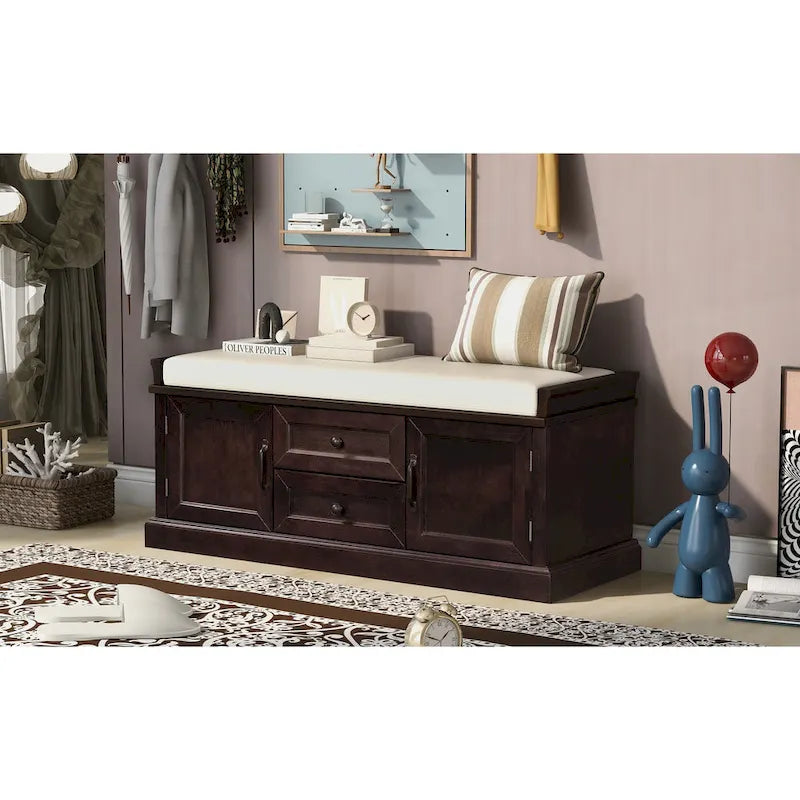 Storage Bench with Cushioned Seat, 2 Drawers & 2 Cabinet Doors