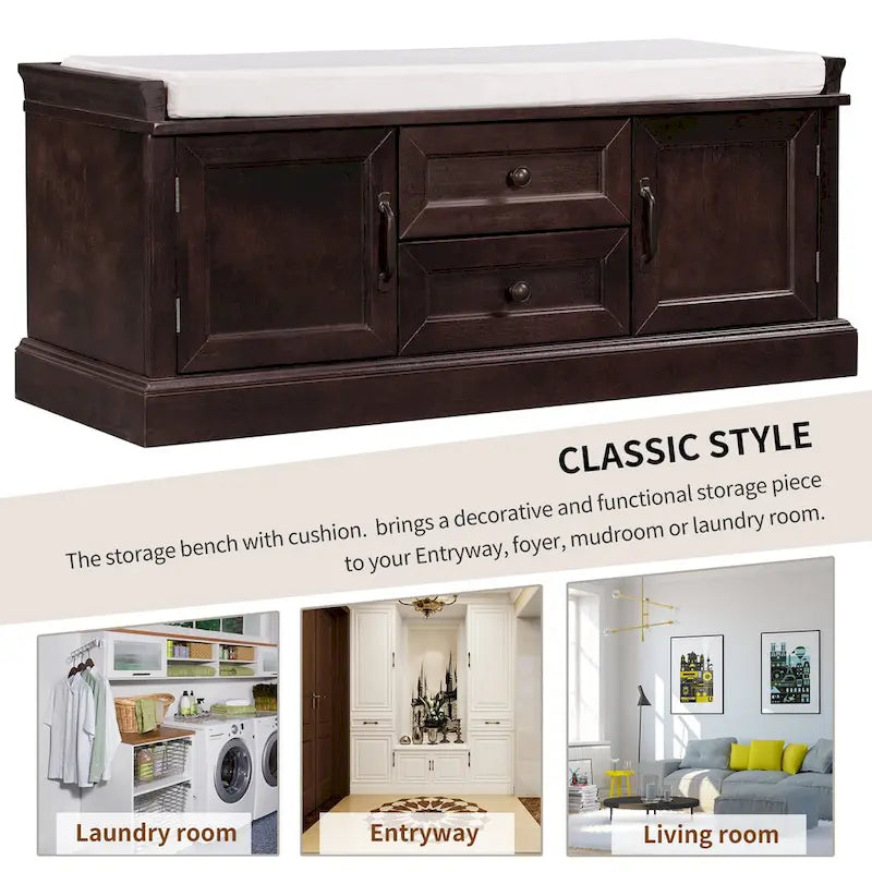 Storage Bench with Cushioned Seat, 2 Drawers & 2 Cabinet Doors