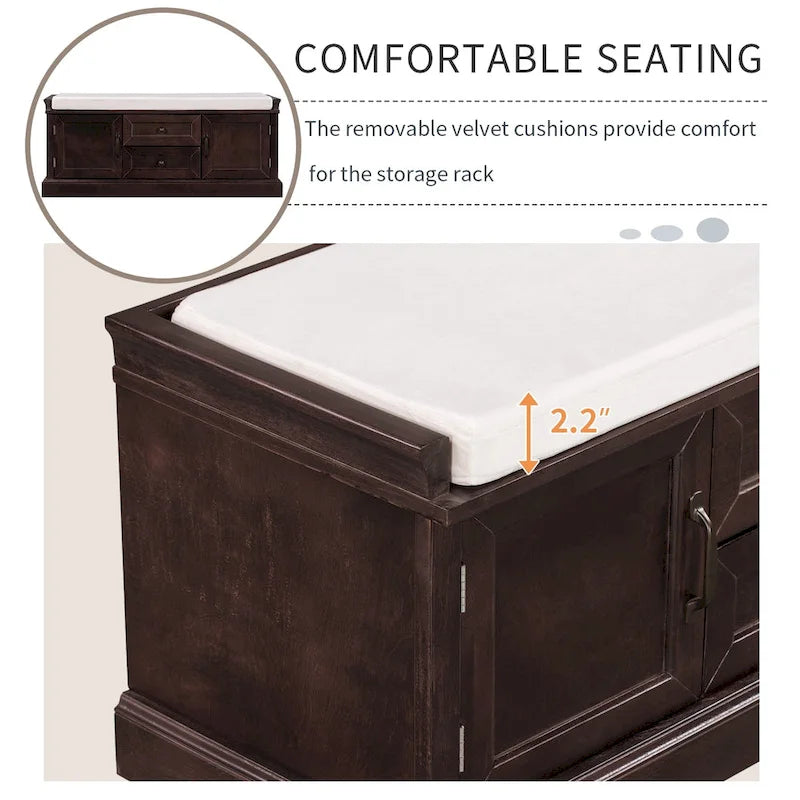 Storage Bench with Cushioned Seat, 2 Drawers & 2 Cabinet Doors