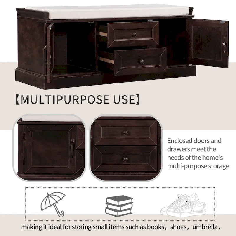 Storage Bench with Cushioned Seat, 2 Drawers & 2 Cabinet Doors