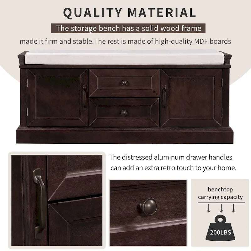 Storage Bench with Cushioned Seat, 2 Drawers & 2 Cabinet Doors