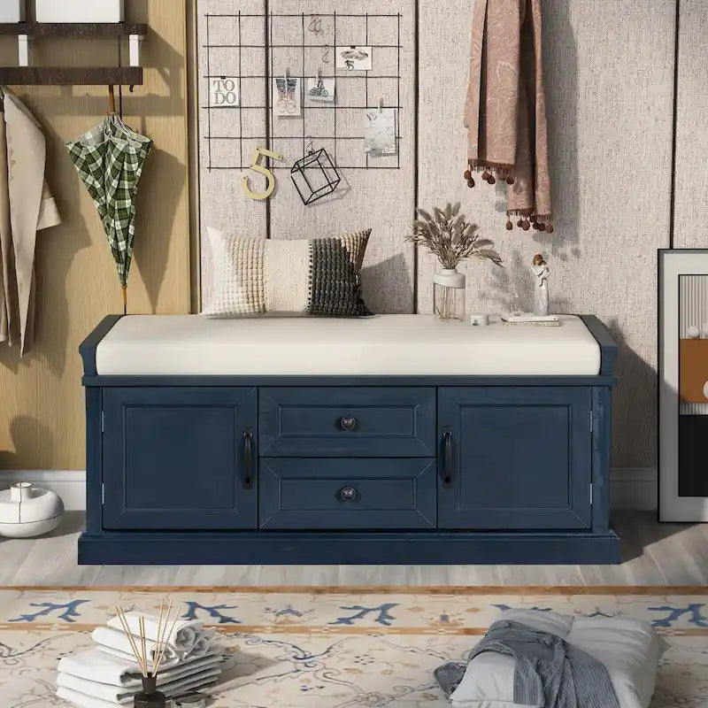 Storage Bench with Cushioned Seat, 2 Drawers & 2 Cabinet Doors
