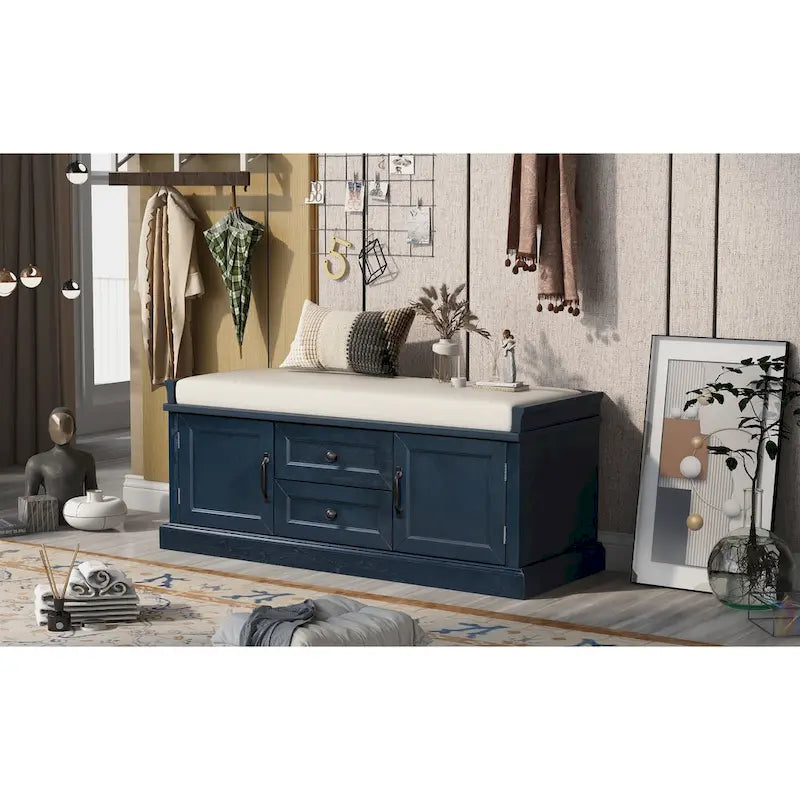 Storage Bench with Cushioned Seat, 2 Drawers & 2 Cabinet Doors