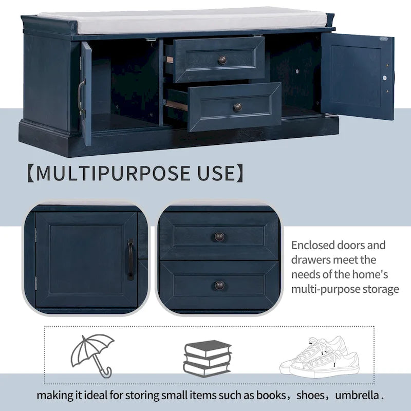 Storage Bench with Cushioned Seat, 2 Drawers & 2 Cabinet Doors
