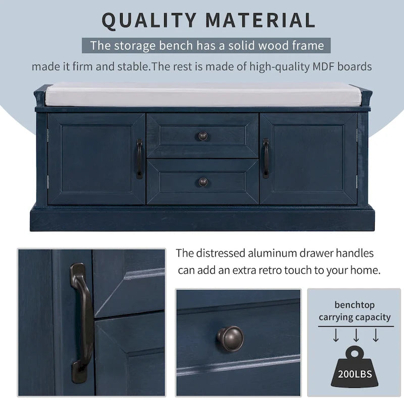 Storage Bench with Cushioned Seat, 2 Drawers & 2 Cabinet Doors
