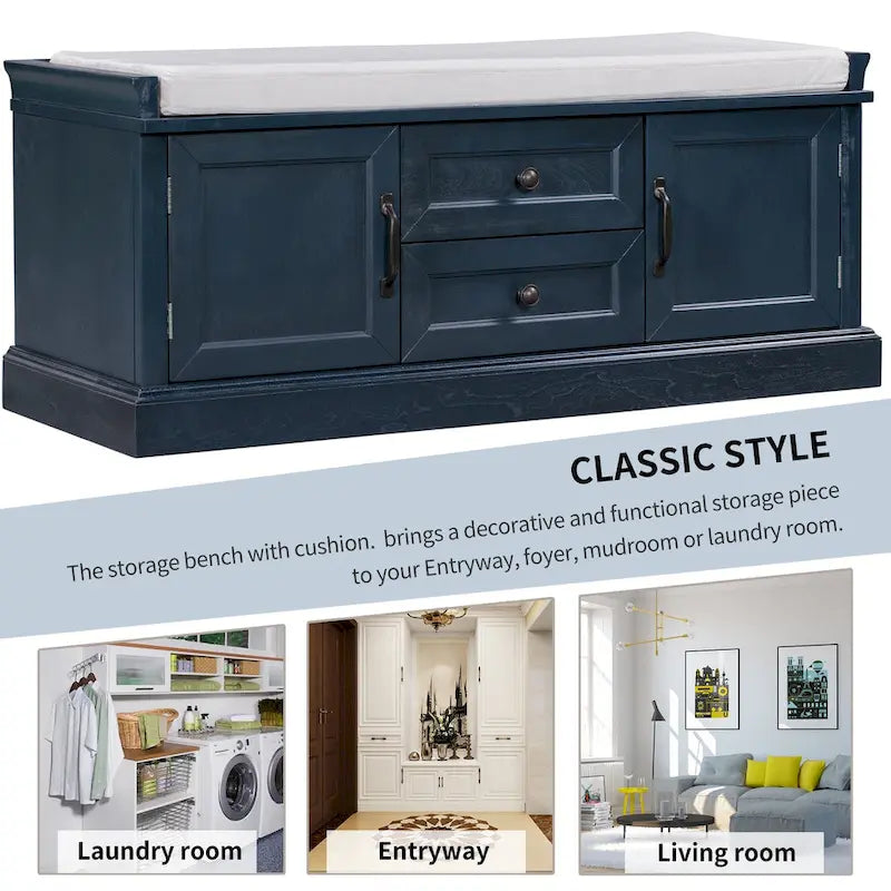 Storage Bench with Cushioned Seat, 2 Drawers & 2 Cabinet Doors