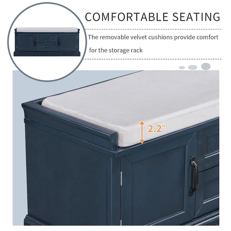 Storage Bench with Cushioned Seat, 2 Drawers & 2 Cabinet Doors