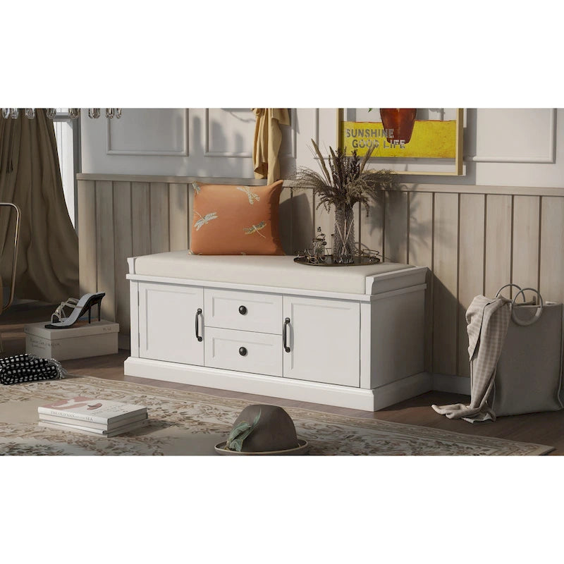 Storage Bench with Cushioned Seat, 2 Drawers & 2 Cabinet Doors