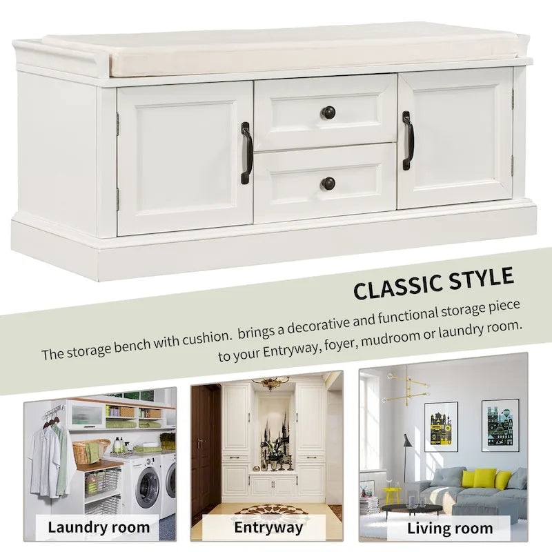 Storage Bench with Cushioned Seat, 2 Drawers & 2 Cabinet Doors