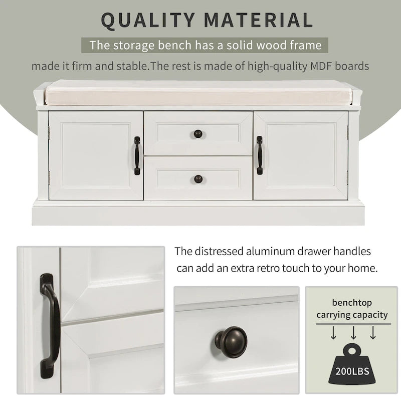 Storage Bench with Cushioned Seat, 2 Drawers & 2 Cabinet Doors