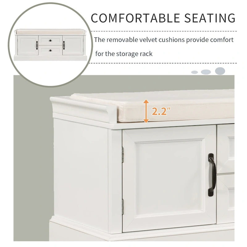 Storage Bench with Cushioned Seat, 2 Drawers & 2 Cabinet Doors