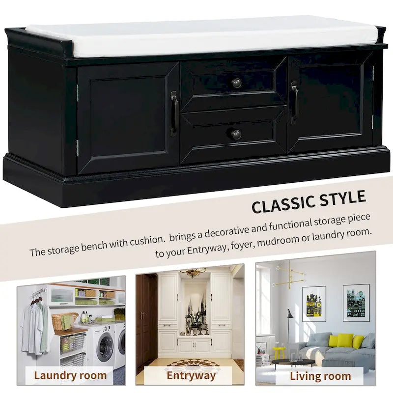 Storage Bench with Cushioned Seat, 2 Drawers & 2 Cabinet Doors