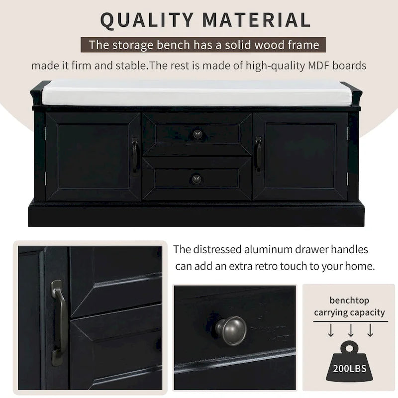 Storage Bench with Cushioned Seat, 2 Drawers & 2 Cabinet Doors