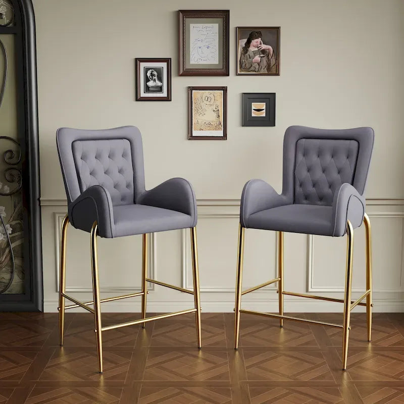 Velvet Counter Stool with Tufted Back, Gold Metal Frame & Footrest