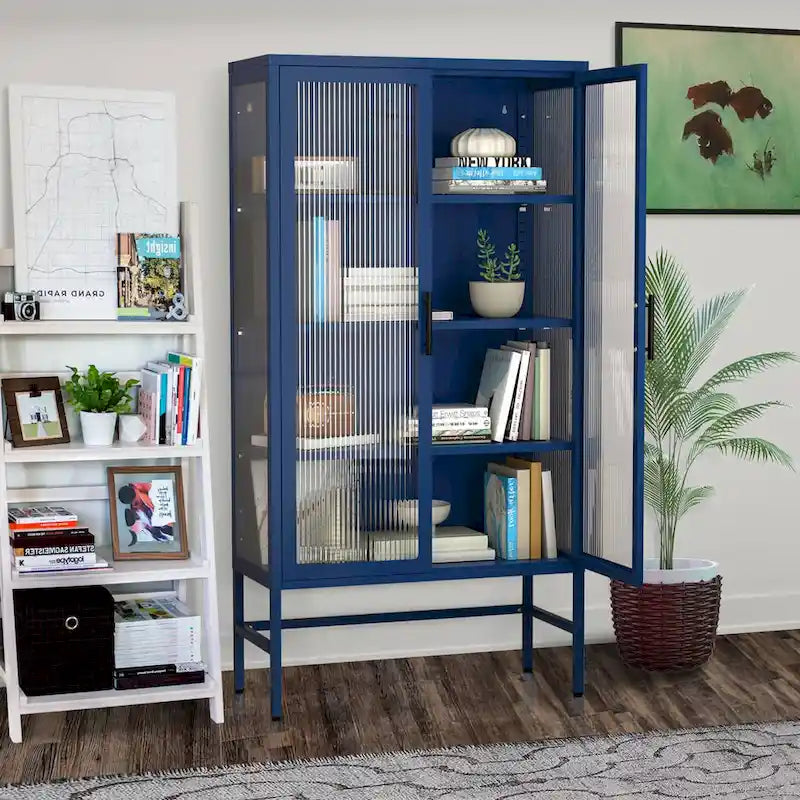 Tall Glass Door Display Cabinet with Adjustable Shelves & Steel Frame