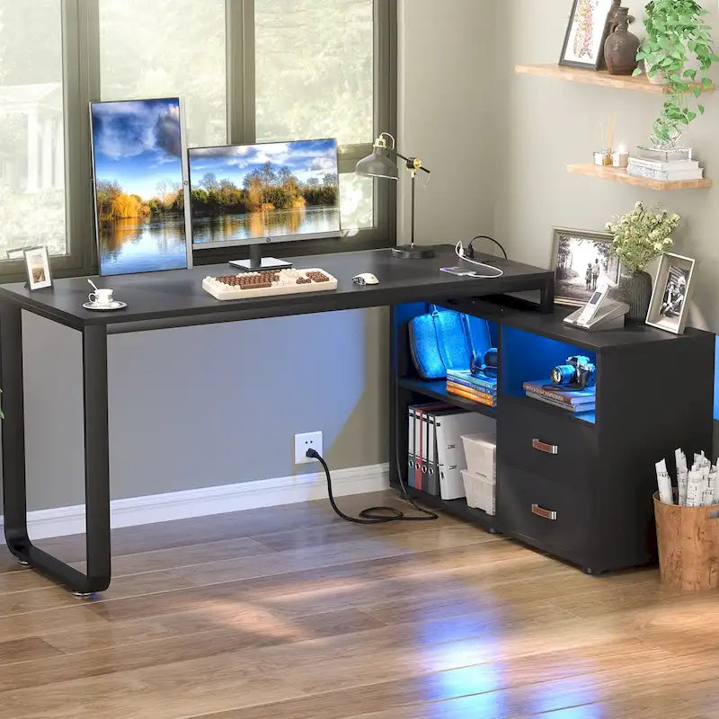 55" Reversible L-Shaped Corner Desk with File Cabinet, Power Outlets & RGB LED Lights