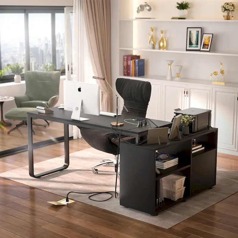 55" Reversible L-Shaped Corner Desk with File Cabinet, Power Outlets & RGB LED Lights
