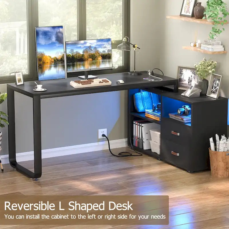 55" Reversible L-Shaped Corner Desk with File Cabinet, Power Outlets & RGB LED Lights