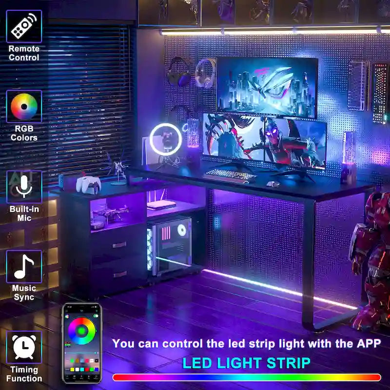 55" Reversible L-Shaped Corner Desk with File Cabinet, Power Outlets & RGB LED Lights