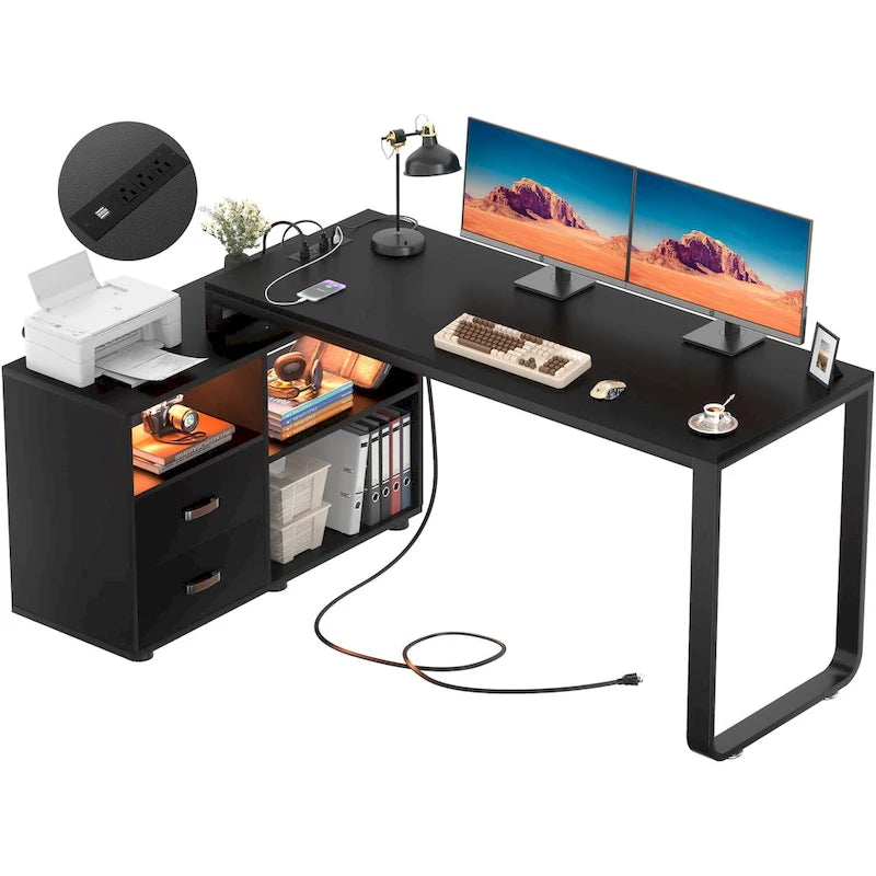 55" Reversible L-Shaped Corner Desk with File Cabinet, Power Outlets & RGB LED Lights