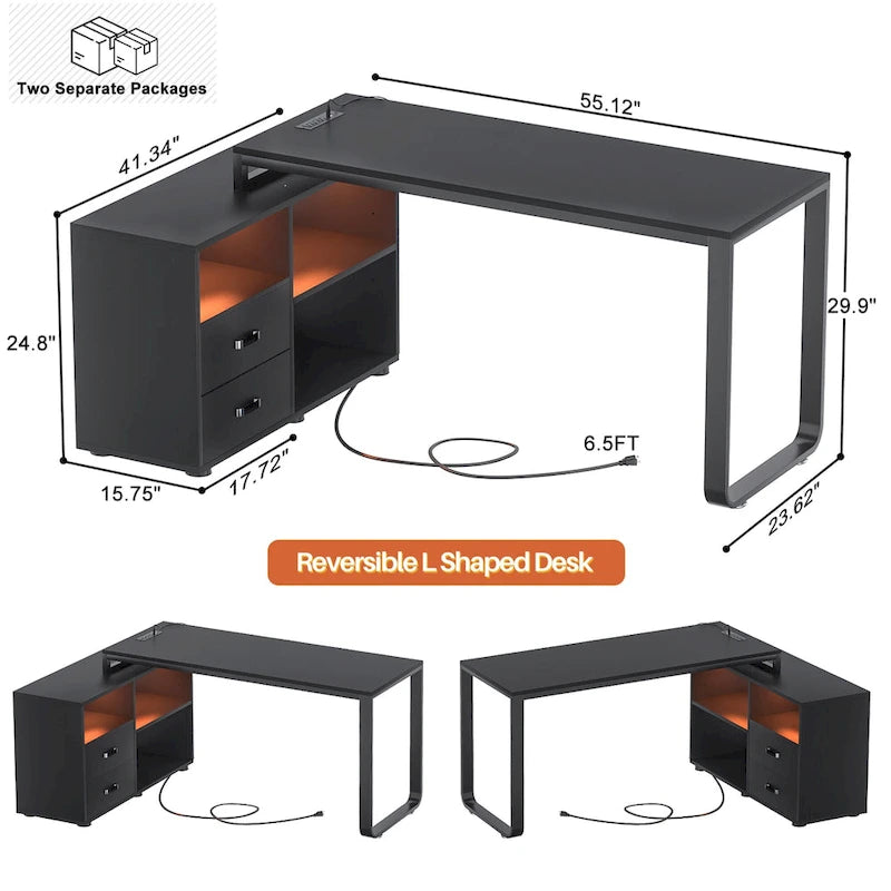 55" Reversible L-Shaped Corner Desk with File Cabinet, Power Outlets & RGB LED Lights