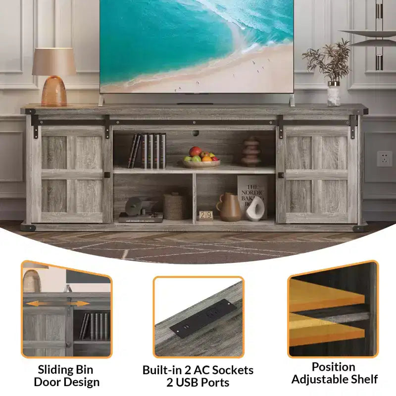 Meuble TV 70 po pour téléviseurs 75 po, centre de divertissement style ferme avec portes coulissantes de grange et armoires de rangement, table console TV média moderne
