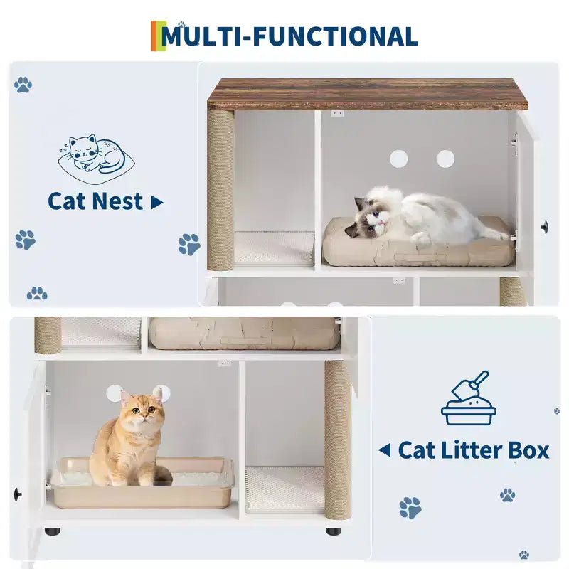 Meuble cache-litière double avec poteaux à griffer et tapis de litière à double couche pour animaux de compagnie d'intérieur