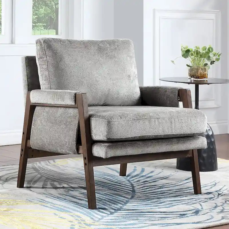 Wrapped-Arm Chenille Accent Chair with Rubberwood Frame