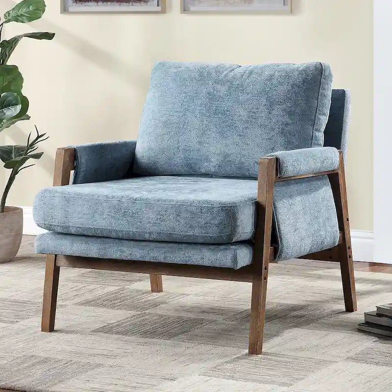 Wrapped-Arm Chenille Accent Chair with Rubberwood Frame