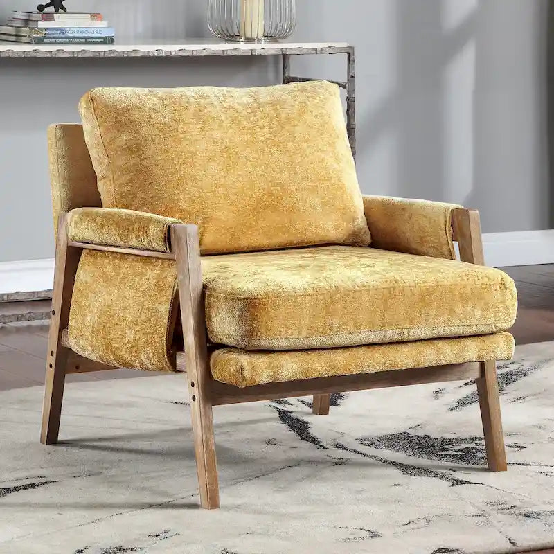 Wrapped-Arm Chenille Accent Chair with Rubberwood Frame