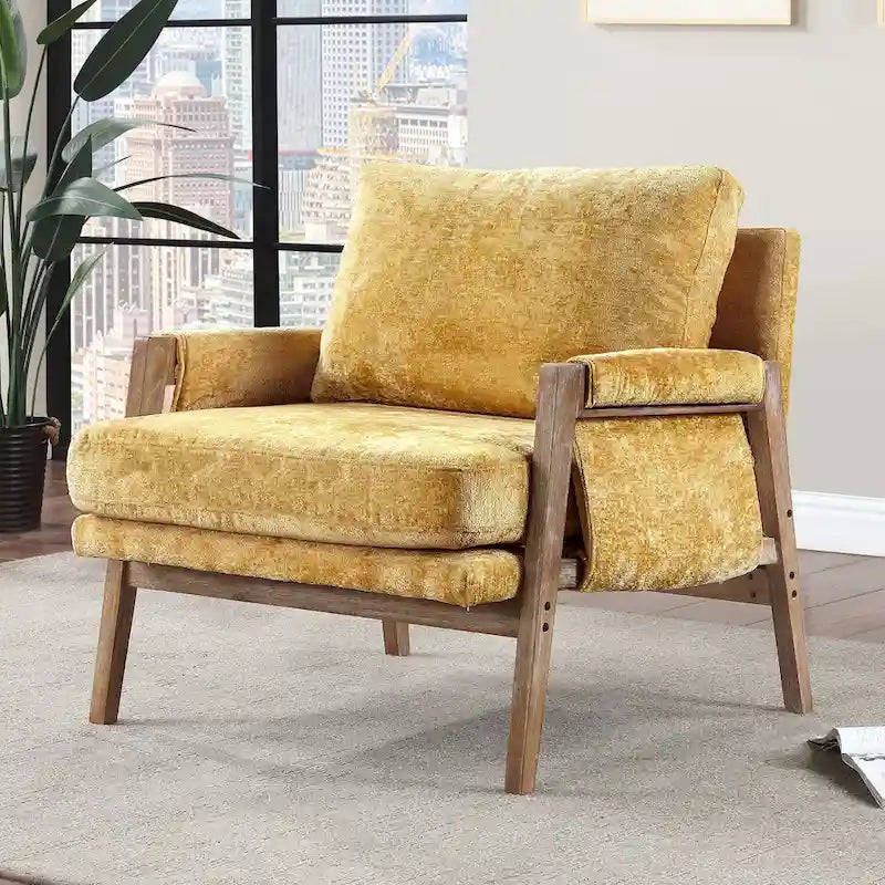 Wrapped-Arm Chenille Accent Chair with Rubberwood Frame