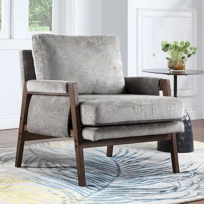 Wrapped-Arm Chenille Accent Chair with Rubberwood Frame
