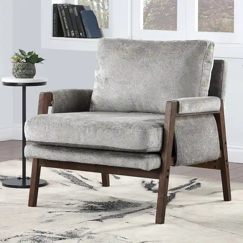 Wrapped-Arm Chenille Accent Chair with Rubberwood Frame