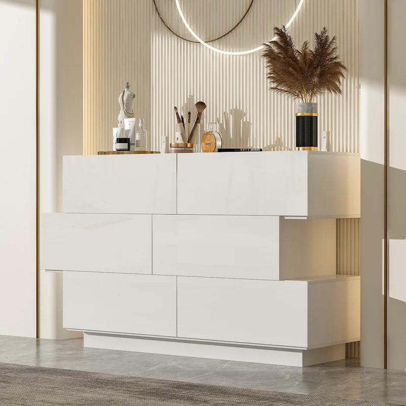 6-Drawer High Gloss Dresser Chest with Offset Design, Black or White
