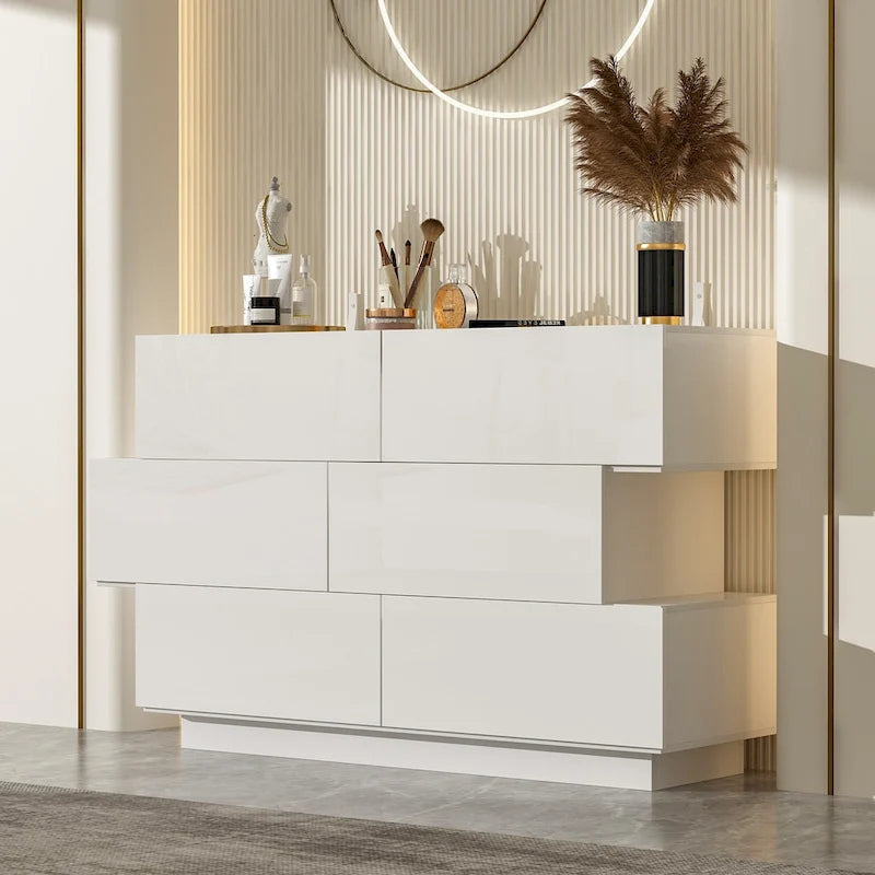 6-Drawer High Gloss Dresser Chest with Offset Design, Black or White
