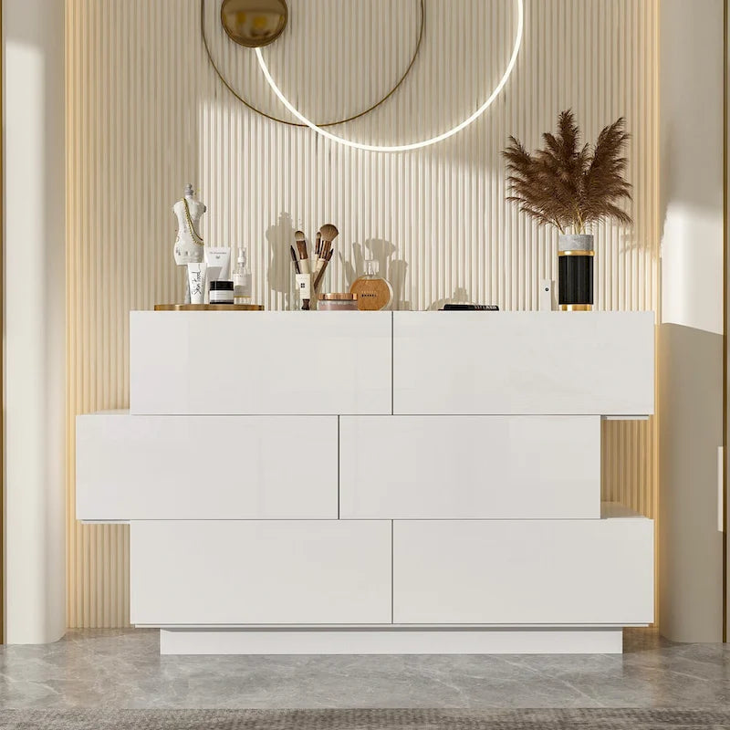 6-Drawer High Gloss Dresser Chest with Offset Design, Black or White