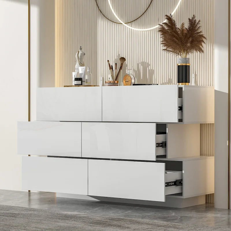 6-Drawer High Gloss Dresser Chest with Offset Design, Black or White